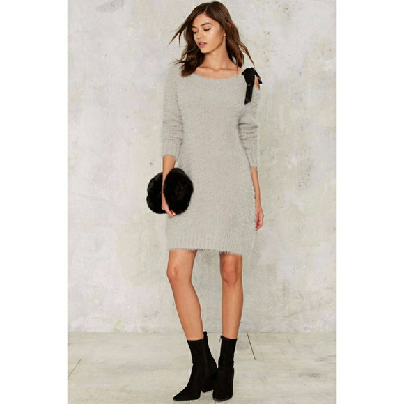 Nasty Gal Cleo Fuzzy Sweater Dress w Shoulder Bow - Picture 3 of 8